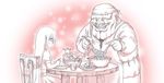  1girl beard bread chair closed_eyes dress elf facial_hair food grin harahachibu_ajinosuke monochrome mustache original pointy_ears smile sweat table teeth ugly_man 