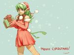  1girl box bunny_tail christmas darren_geers dress earrings elbow_gloves elf full_body gift gift_box gloves green_hair hat jewelry lips long_hair looking_at_viewer merry_christmas pointy_ears purple_eyes red_dress red_gloves santa_hat smile snow solo tail 
