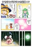  5girls :&gt; :3 =d animal_ears bamboo bamboo_forest barefoot blonde_hair bow braid brown_hair bun_cover bunny_ears carrot closed_eyes comic commentary crowd detached_sleeves double_bun dress forest frog_hair_ornament furball green_hair hair_bow hair_bun hair_ornament hair_tubes hakurei_reimu hat highres ibaraki_kasen inaba_tewi jewelry juliet_sleeves kirisame_marisa kochiya_sanae long_hair long_sleeves multiple_girls nature necklace open_mouth pendant pink_dress pink_hair puffy_sleeves scratching_head shedding shirosato single_braid sitting smile snake_hair_ornament sparkle standing standing_on_one_leg touhou translated v_arms very_long_hair wide_sleeves wild_and_horned_hermit witch_hat yellow_eyes |_| 