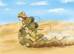  animal_ears brown_hair cable cloud cover_image day desert dust_cloud helmet highres long_hair military military_uniform mouse_ears open_mouth original running sand sky smile solo striker_unit tail tsuchi_to_abura uniform wire wire_spool world_witches_series 