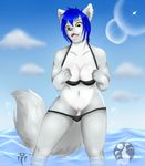  anthro beach bikini breasts canine clothing ear_piercing fangs female invalid_tag lunarii mammal navel open_mouth outside panties panties_down piercing pussy seaside smile solo swimsuit teeth tongue underwear wolf 