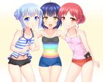  :d :p arm_around_shoulder bangs bare_arms bare_shoulders bikini black_hair blue_eyes blue_hair blush collarbone commentary_request cowboy_shot fang faubynet frilled_swimsuit frills girl_sandwich gochuumon_wa_usagi_desu_ka? hair_bun hair_ornament hairclip highres jouga_maya kafuu_chino long_hair looking_at_viewer md5_mismatch multicolored multicolored_stripes multiple_girls natsu_megumi navel open_mouth rainbow_gradient red_eyes red_hair sandwiched short_hair smile steepled_fingers striped sweatdrop swimsuit tank_top tankini tongue tongue_out x_hair_ornament yellow_eyes 