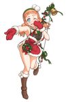  aqua_eyes bangs bell blunt_bangs boots breasts brown_footwear character_request christmas_wreath cleavage full_body fur-trimmed_boots fur_trim hairband highres himeou_to_saigo_no_kishidan holly knee_boots large_breasts long_hair mittens official_art open_mouth orange_hair outstretched_arm santa_costume see-through shoe-ji sleeveless solo transparent_background 