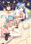  animal_ear_fluff animal_ears blue_hair boots braid cat_ears cat_tail clock cushion dress frilled_pillow frills hair_ribbon heart heart_pillow high_heels highres long_hair lying narinn on_side original pillow purple_eyes ribbon smile solo tail thighhighs twintails 