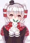  amatsukaze_(kantai_collection) bad_id bad_pixiv_id blush brown_eyes gloves hairband kantai_collection long_hair looking_at_viewer scarf silver_hair single_glove smile snowman solo yuzu-aki 