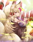  :o animal_ears bare_shoulders blonde_hair blush breast_hold breasts card cleavage detached_collar expressionless eyebrows eyebrows_visible_through_hair floral_print flower fog fox_ears fox_tail glint hair_flower hair_ornament hairpin holding kayou_(sennen_sensou_aigis) kitsune lantern large_breasts long_hair long_sleeves mole mole_on_breast multiple_tails nail_polish off_shoulder ofuda parted_lips pipe purple_eyes red_nails sennen_sensou_aigis solo tail tassel upper_body very_long_hair watermark wide_sleeves yaman 