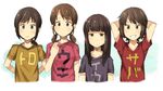  alternate_costume arms_behind_back arms_behind_head arms_up bangs black_hair brown_eyes brown_hair clothes_writing collarbone commentary fubuki_(kantai_collection) green_eyes hatsuyuki_(kantai_collection) kantai_collection long_hair looking_at_viewer low_ponytail low_twintails miyuki_(kantai_collection) multiple_girls parted_bangs ponytail sakura_(medilore) shirayuki_(kantai_collection) shirt short_hair short_sleeves smile t-shirt translated twintails upper_body 