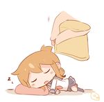  artist_name blush_stickers brown_hair chibi closed_eyes commentary_request covering_with_blanket folded_ponytail hanomido inazuma_(kantai_collection) kantai_collection lying minigirl neckerchief on_side open_mouth pillow school_uniform serafuku skirt sleeping solo_focus zzz 