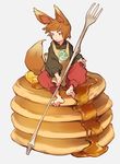  androgynous animal_ears apron barefoot black_shirt brown_hair butter food fork fox_ears fox_tail frown highres jitome lee_hyeseung male_focus original oversized_food oversized_object pancake pants print_apron red_pants shirt sitting solo stack_of_pancakes syrup tail white_background 