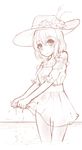  alternate_costume alternate_headwear commentary_request dress flower fuente hat hat_flower highres looking_at_viewer monochrome smile solo standing touhou usami_renko wet wringing_clothes 