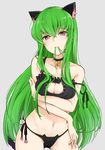  animal_ears bare_shoulders bell black_bra black_panties blush bra breast_hold breasts c.c. cat_cutout cat_ear_panties cat_ears cat_lingerie choker cleavage cleavage_cutout code_geass commentary_request green_hair hair_in_mouth highres jingle_bell large_breasts long_hair looking_at_viewer max_melon meme_attire mouth_hold navel panties side-tie_panties solo strap_slip underwear underwear_only very_long_hair yellow_eyes 