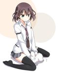  bangs black_legwear brown_hair green_eyes grey_skirt hair_ornament hairclip long_sleeves necktie no_shoes saki saki_achiga-hen school_uniform shindouji_school_uniform short_hair sitting skirt sleeves_past_wrists solo thighhighs tsuruta_himeko umekichi wariza 