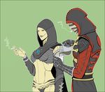  1girl bandages black_eyes black_sclera cigarette coffee d'vorah ermac gloves glowing glowing_eyes green_background green_eyes hood insect_girl lipstick makeup monster_girl mortal_kombat mortal_kombat_x shiemasu smoking yellow_skin 