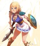  angry blonde_hair blue_eyes braid breasts cleavage jpeg_artifacts large_breasts long_hair shield solo sophitia_alexandra soulcalibur sword thighs weapon xavier_houssin 