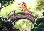  2014 adlynh bridge bush cutie_mark equine feathered_wings feathers female feral fluttershy_(mlp) forest friendship_is_magic fur grass green_eyes hair mammal my_little_pony outside pegasus pink_hair plant sky smile solo tree wings yellow_feathers yellow_fur 