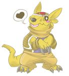  &lt;3 ambiguous_gender armadillo armadillomon barefoot beelzemon_(artist) clothed clothing crossover digimon disguise front_view mammal nintendo pants pictographics pok&eacute;mon scarf scrafty solo speech_bubble star_eyes tongue tongue_out topless video_games 