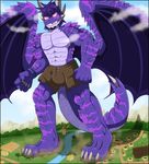  2014 anthro claws clothed clothing cloud dragon grass horn house incredibleediblecalico kuroi macro male mountain muscular outside purple_eyes purple_scales river scales scalie sharp_teeth shorts sky stripes teeth toe_claws topless torn_clothing water wings 