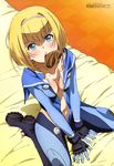  absurdres arm_support bangs bed blonde_hair blue_eyes blunt_bangs blush bodysuit breasts center_opening checkered checkered_floor chocolate chocolate_heart cleavage dutch_angle food food_on_face from_above full_body gloves groin hairband heart heavy_object highres hiyamizu_yukie indoors looking_at_viewer magazine_scan megami milinda_brantini mouth_hold navel no_bra non-web_source official_art on_bed open_clothes sailor_collar scan short_hair sitting small_breasts solo spread_legs v_arms valentine wariza 