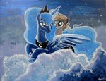  2014 adlynh blue_eyes blue_feathers blue_fur blue_hair cloud crown cutie_mark duo equine feathered_wings feathers female feral friendship_is_magic fur hair horn jewelry mammal my_little_pony necklace princess_luna_(mlp) riding sky smile star unicorn unknown_character winged_unicorn wings 