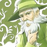  beard facial_hair green green_background green_eyes hat iesupa long_hair male_focus old_man old_man_(rwby) rwby solo stroking_beard white_hair 