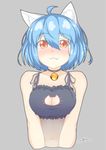  2016 :3 ahoge animal_ears bell bell_choker blue_hair blush breasts cat_cutout cat_ears cat_lingerie choker cleavage cleavage_cutout dated fang grey_background jingle_bell large_breasts meme_attire navel nekonyan_(nekoworld) original red_eyes short_hair signature solo underwear upper_body 