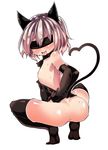  animal_ears ass atahuta black_gloves black_legwear blindfold bottomless cat_ears elbow_gloves facing_viewer flat_chest from_behind gloves heart heart_tail looking_back nipples open_mouth sanya_v_litvyak silver_hair smile solo squatting strike_witches sweat tail thighhighs world_witches_series 