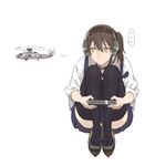  1girl ahn aircraft brown_eyes brown_hair controller headphones helicopter japanese_clothes kaga_(jmsdf) kaga_(kantai_collection) kantai_collection remote_control side_ponytail solo tasuki thighhighs 