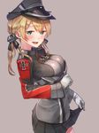  anchor anchor_hair_ornament baffu bangs black_hat black_ribbon black_skirt blonde_hair blue_eyes blush breasts cowboy_shot from_side gloves grey_background hair_between_eyes hair_ornament hair_ribbon hat highres iron_cross kantai_collection large_breasts long_hair long_sleeves looking_at_viewer microskirt military military_uniform naval_uniform open_mouth peaked_cap pleated_skirt prinz_eugen_(kantai_collection) ribbon seductive_smile skirt skirt_lift smile solo standing sweat twintails uniform white_gloves 