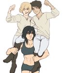  2boys armin_arlert boots eren_yeager gomaccha highres mikasa_ackerman multiple_boys muscle muscular_female pants shingeki_no_kyojin shorts sitting_on_shoulder sports_bra 