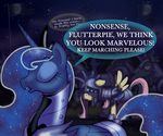  ! 2013 ? armor blue_hair dialogue english_text equine eyes_closed female feral fluttershy_(mlp) friendship_is_magic group hair horn mammal my_little_pony night open_mouth outside pegasus pink_hair princess_luna_(mlp) professor-ponyarity royal_guard_(mlp) text winged_unicorn wings 
