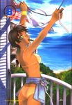  1girl apron aqua_eyes arms_up ass balcony breasts brown_hair cowboy_shot dated day glasses lifting medium_breasts mouth_hold naked_apron nipples nude rimless_eyewear sakuraniku_umatarou short_hair solo tan tanline traditional_media wristband 