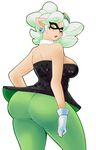  2015 amber_eyes big_butt blush bow breasts butt clothed clothing ear_piercing eikasianspire female gloves green_hair hair hi_res inkling legwear looking_at_viewer looking_back marie_(splatoon) nintendo open_mouth piercing short_hair simple_background solo splatoon standing stockings thick_thighs tight_clothing video_games white_background wide_hips 