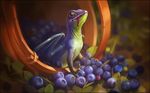  2016 ambiguous_gender basket blue_scales blueberry_(fruit) dragon food fruit fruit_juice gaudibuendia green_scales leaf orange_eyes scales 