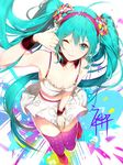  ahoge aqua_eyes aqua_hair bare_arms breasts cleavage detached_collar hairband hatsune_miku highres long_hair looking_at_viewer one_eye_closed phino redial_(vocaloid) skirt small_breasts smile solo spaghetti_strap thighhighs twintails very_long_hair vocaloid wristband zettai_ryouiki 