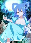  aqua_dress blue_hair breasts cleavage commentary_request dress hair_ornament hair_rings hair_stick half-closed_eyes highres kaku_seiga large_breasts open_clothes open_vest puffy_short_sleeves puffy_sleeves short_sleeves smile solo takorice touhou vest 
