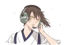  ahn brown_hair headphones headset japanese_clothes kaga_(jmsdf) kaga_(kantai_collection) kantai_collection microphone side_ponytail solo yellow_eyes 