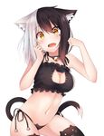  angry_num animal_band_legwear animal_ears bad_id bad_pixiv_id bell bell_collar black_bra black_hair black_legwear black_panties bra breasts cat_band_legwear cat_cutout cat_ears cat_lingerie cat_tail cleavage cleavage_cutout collar fang highres jingle_bell large_breasts looking_at_viewer meme_attire multicolored_hair navel open_mouth original panties paw_pose seren_(angry_num) side-tie_panties solo string_panties tail thighhighs two-tone_hair underwear underwear_only white_hair yellow_eyes 