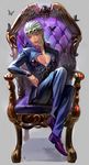  braid bug butterfly chair full_body giorno_giovanna grey_eyes grey_hair higurehiiro insect jojo_no_kimyou_na_bouken ladybug male_focus neck single_braid sitting solo 