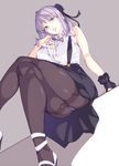  arm_support black_gloves blue_eyes breasts crossed_legs dagashi_kashi from_below gloves large_breasts lavender_hair long_legs mouth_hold nanao_(mahaya) open_clothes open_shirt panties panties_under_pantyhose pantyhose pantyshot ponytail shidare_hotaru shirt single_glove solo suspenders underwear upskirt 