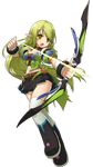  absurdres alternate_costume belt boots bow_(weapon) breasts cleavage elf elsword full_body green_hair highres long_hair medium_breasts pointy_ears ranger_(elsword) rena_(elsword) skirt solo thighhighs transparent_background weapon white_legwear yellow_eyes 