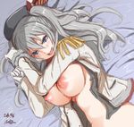  beret blue_eyes breasts epaulettes gloves grey_hair hat kantai_collection kashima_(kantai_collection) large_breasts lying military military_uniform naz nipples on_side open_clothes smile solo uniform 