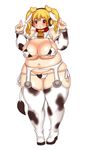  animal_costume animal_ears animal_print bell bell_collar bikini blonde_hair blush breasts cleavage collar cow_bell cow_costume cow_ears cow_horns cow_print cow_tail detached_sleeves fat garter_belt headphones highres horns huge_breasts kojima_video looking_at_viewer navel nitroplus open_mouth plump red_eyes short_hair solo super_pochaco swimsuit tail thighhighs twintails 