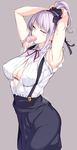  armpits arms_up blue_eyes bra breasts covered_nipples dagashi_kashi lace lace_bra large_breasts lavender_hair mouth_hold nanao_(mahaya) open_clothes open_shirt ponytail shidare_hotaru shirt simple_background skirt sleeveless solo suspender_skirt suspenders underwear 