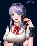  :d blcackup blue_eyes blush bow bowtie breasts buttons collar commentary_request cookie dagashi_kashi dark_background eating food food_on_face hairband large_breasts looking_at_viewer open_mouth puffy_short_sleeves puffy_sleeves purple_hair red_bow red_neckwear shidare_hotaru shirt short_hair short_sleeves simple_background smile solo suspenders white_shirt wrist_cuffs 