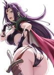  ass black_gloves blue_eyes blush breasts cape circlet dagger gif_artifacts gloves highres jewelry large_breasts long_hair looking_back naga_the_serpent open_mouth purple_hair revealing_clothes simple_background slayers smile solo spikes tea_(nakenashi) weapon white_background 