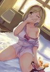 absurdres ass_visible_through_thighs bare_shoulders blonde_hair blush bob_cut bow breasts buttons cleavage collarbone covering_mouth desk_lamp djeeta_(granblue_fantasy) dutch_angle frills granblue_fantasy hairband hand_over_own_mouth highres hinoshita_akame indoors lamp looking_away looking_to_the_side medium_breasts messy_hair morning no_pants off_shoulder on_bed one_eye_closed panties pink_bow shirt short_hair sitting solo stuffed_toy tears twitter_username underwear vee_(granblue_fantasy) white_panties white_shirt window yawning yellow_eyes 