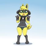  2015 ambiguous_gender anthro blonde_hair blue_background clothed clothing digital_media_(artwork) eyebrows fan_character fur green_eyes hair lonbluewolf looking_at_viewer lucario navel nintendo open_mouth pawpads paws peace pok&eacute;mon simple_background solo tongue underwear video_games white_sclera xoil 