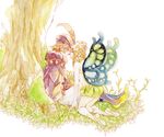  1girl bad_id bad_pixiv_id blonde_hair braid butterfly_wings chiyo_(chidori) closed_eyes fairy flower hair_ornament hat hat_feather hetero highres imminent_kiss ingway_(odin_sphere) long_hair mercedes odin_sphere pointy_ears tree twin_braids wings 
