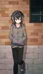  :o against_wall black_hair black_legwear brick_wall brown_eyes casual collarbone hairband hands_in_pockets hood hoodie kantai_collection kashii_(amoranorem) legwear_under_shorts looking_to_the_side multicolored_hair pantyhose pantyhose_under_shorts shoes short_hair short_hair_with_long_locks shorts sidelocks sneakers solo standing standing_on_one_leg tokitsukaze_(kantai_collection) white_hair window 