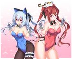  animal animal_ears animal_on_head bare_shoulders black_legwear blue_leotard blush breasts cat cat_ears cat_on_head character_request cleavage covered_navel dandou detached_collar fake_animal_ears gloves hair_ribbon hairband highres kittysuit large_breasts leg_garter leotard long_hair looking_at_viewer multiple_girls on_head pantyhose paw_pose phantasy_star phantasy_star_online_2 pink_eyes playboy_bunny_leotard pointy_ears ponytail red_eyes red_hair red_leotard ribbon silver_hair smile twintails white_gloves 
